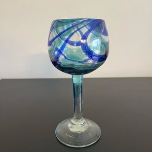 Hand Blown Balloon Copa Goblet Glass Mexican Blue Turquoise Swirl Cocktails Wine